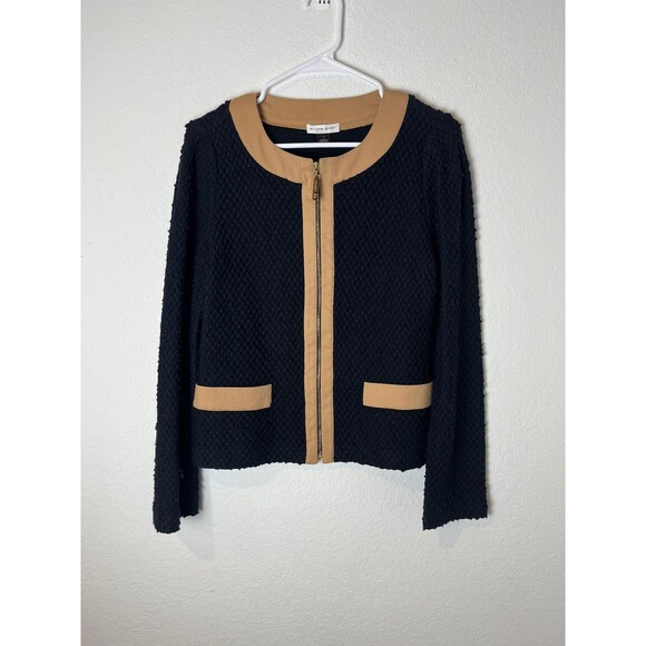 St John Sport Jacket Womens 6 Black Tan Wool Blend Textured Knit Zip Up Pockets - Picture 1 of 8